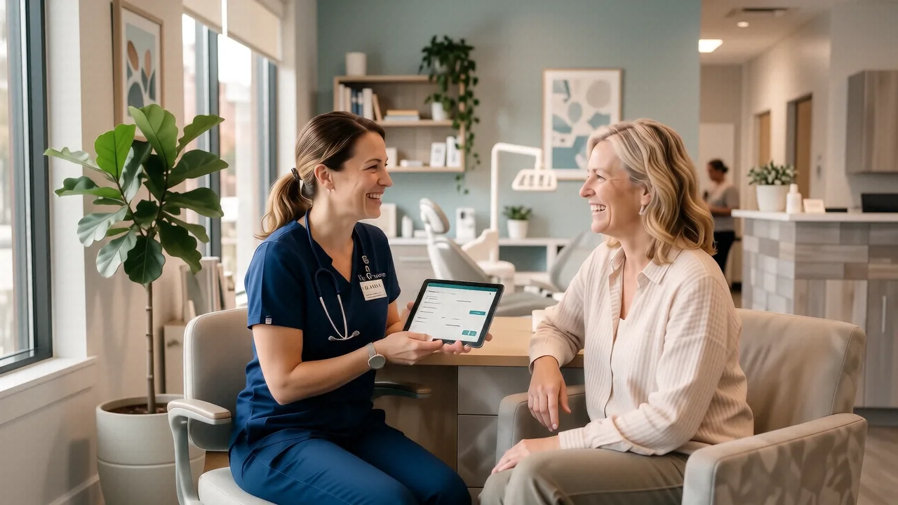 Dentist welcoming a patient at Crossroads Dental Group in Hebron, Ohio